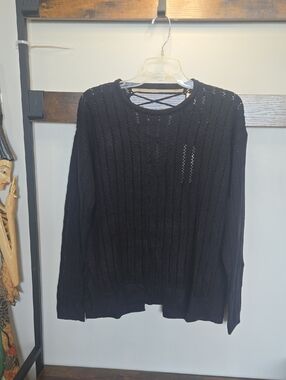 Triple Five Soul Black Open-Knit Crew Neck Sweater Vtg Criss Cross Y2K